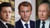 Ảnh phối hợp ngày 4/2/2022: Tổng thống Ukraine Volodymyr Zelensky (trái), Tổng thống Pháp Emmanuel Macron (giữa) và Tổng thống Nga Vladimir Putin (phải).